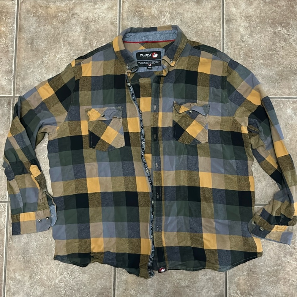 Canada Weathergear Plaid Flannel Button Down Mustard Sage Denim Black Size XL